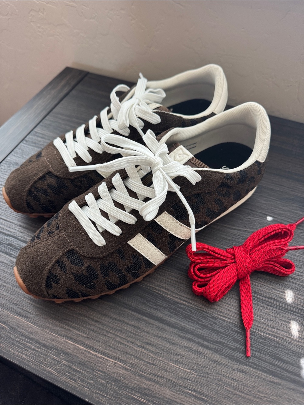 Rothy's Ivy Sneakers Brown Leopard Print with White Stripes and Two Laces